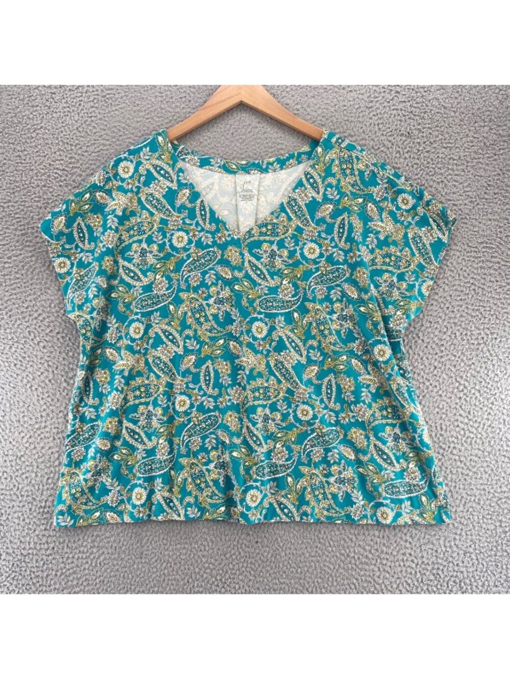 J Jill Top Womens 2X Turquoise Paisley Luxe Supima Pleated Tee V Neck Cap Sleeve
